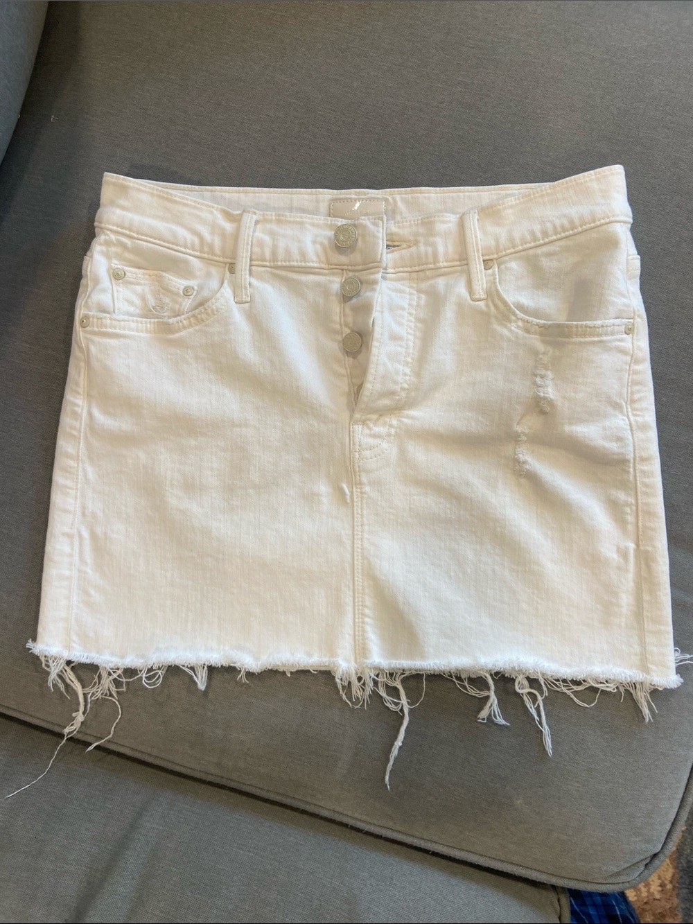 MOTHER White Frayed-Hem Denim Mini Skirt